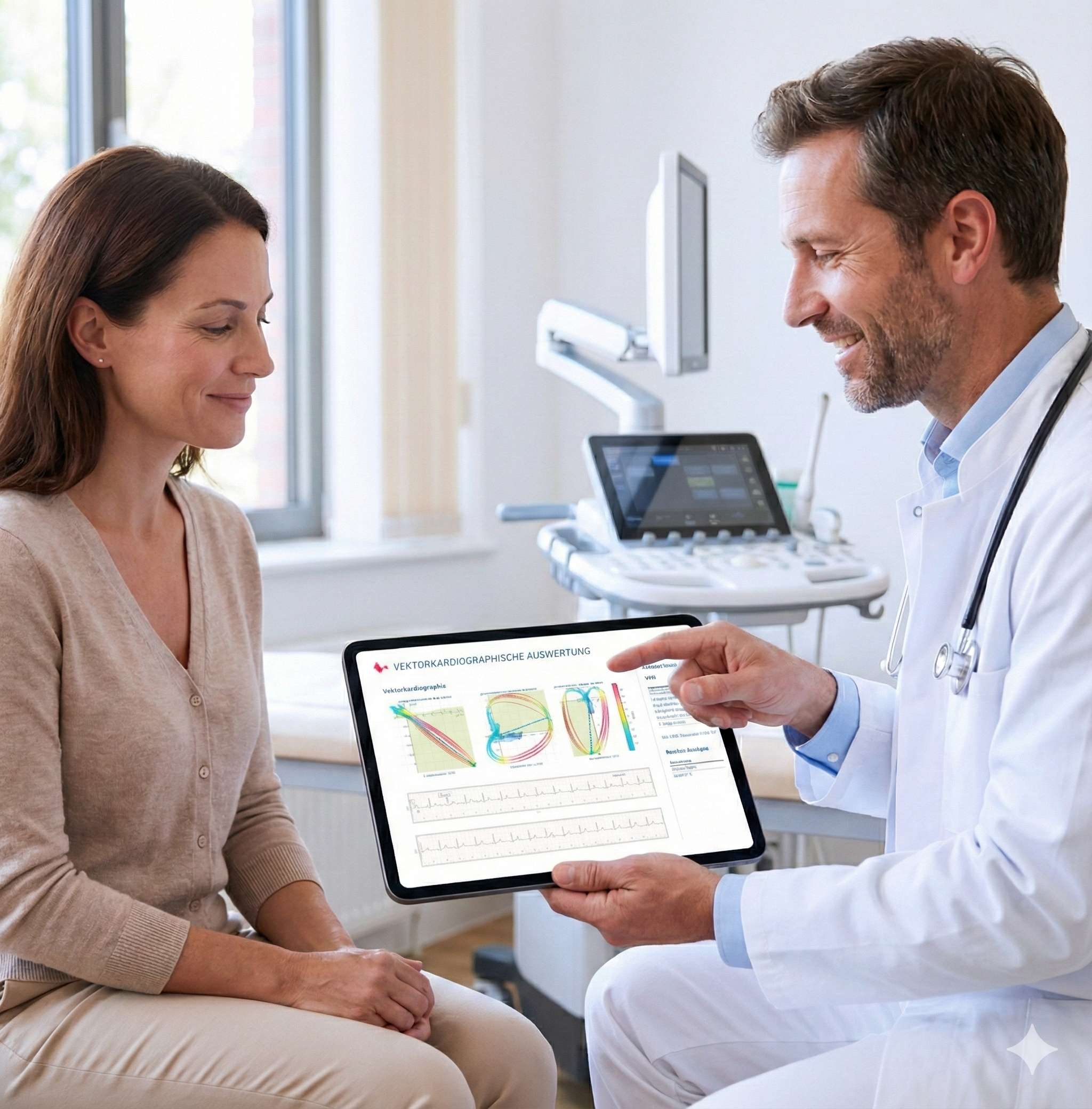 Arzt erklärt Patientin die Cardisiographie-Ergebnisse auf einem Tablet