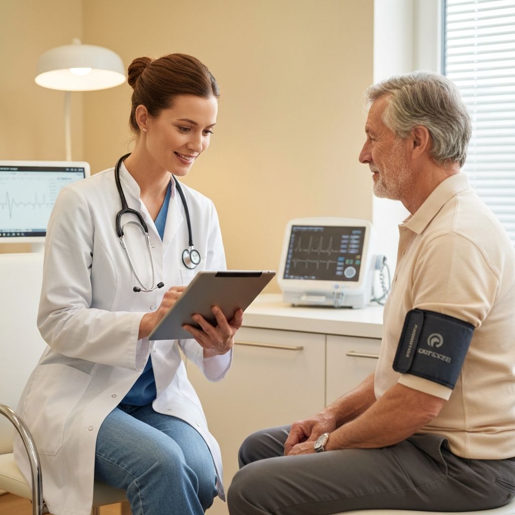 Ärztin bespricht Checkup-Ergebnisse mit Patient in moderner Praxis